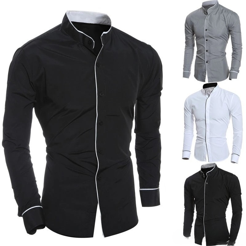 Mandarin Collar Formal Shirt Slim Fit - メンズスリムフィット無地長袖シャツ高品質ソフト生地ビジネスカジュアルフォーマルソーシャルウェアメンズトップス