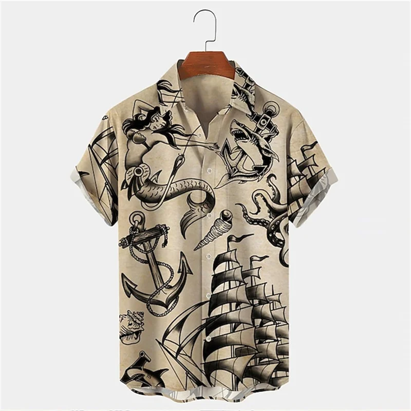 Vintage Hawaiian Floral Shirt - メンズサマーラペル半袖ハワイアンシャツカジュアルストリートトップ、ヴィンテージ航海タトゥー人魚サメアンカーヨットプリント