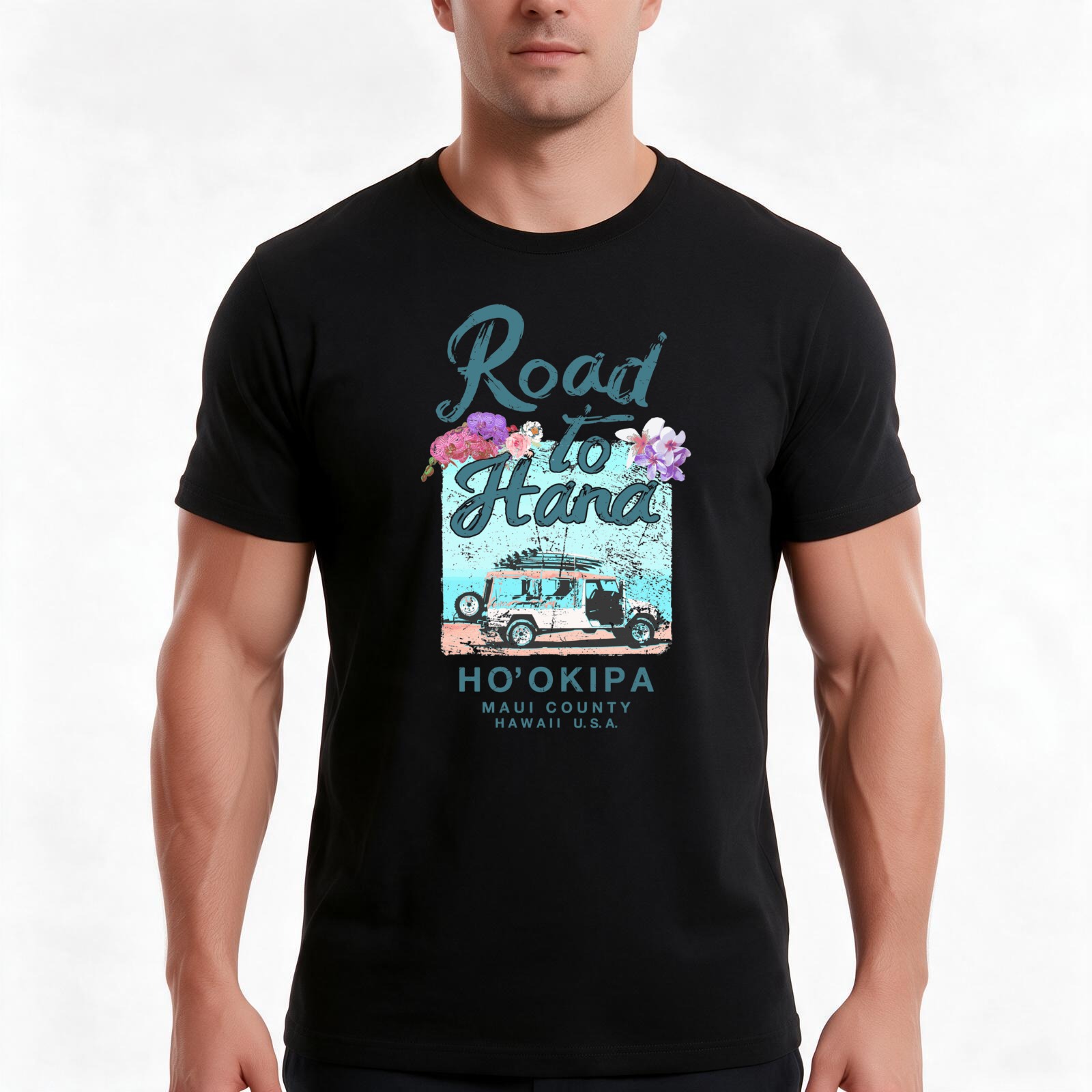 Vintage Hawaiian Floral Shirt - 「ロード・トゥ・ハナ マウイ ハワイ」ヴィンテージ ハワイアン柄Tシャツ、夏用カジュアルコットンTシャツ、オーバーサイズのストリートウェアトップス、男女兼用。
