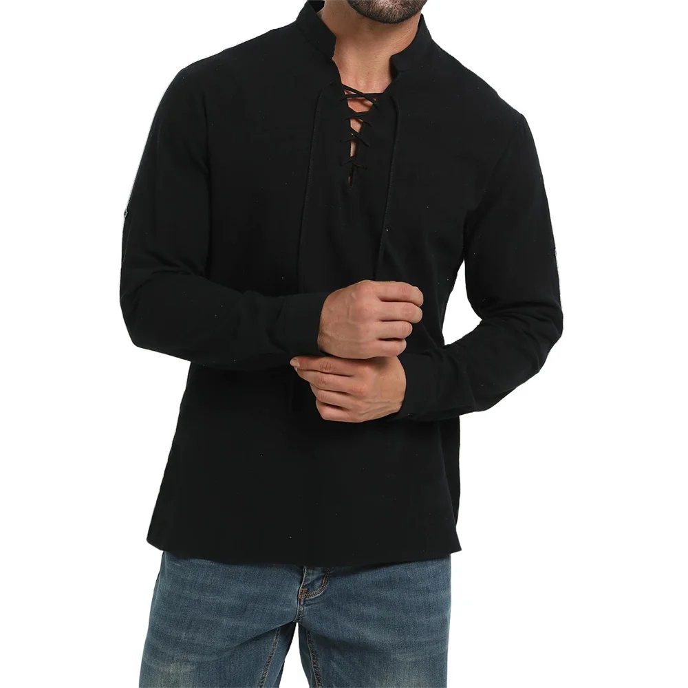 Medieval Gothic Lace Up Pirate Shirt - 春秋メンズ海賊シャツヴィンテージ中世バイキングレースアップヘンリーネックコスプレ長袖トップス綿麻ゴシックシャツ