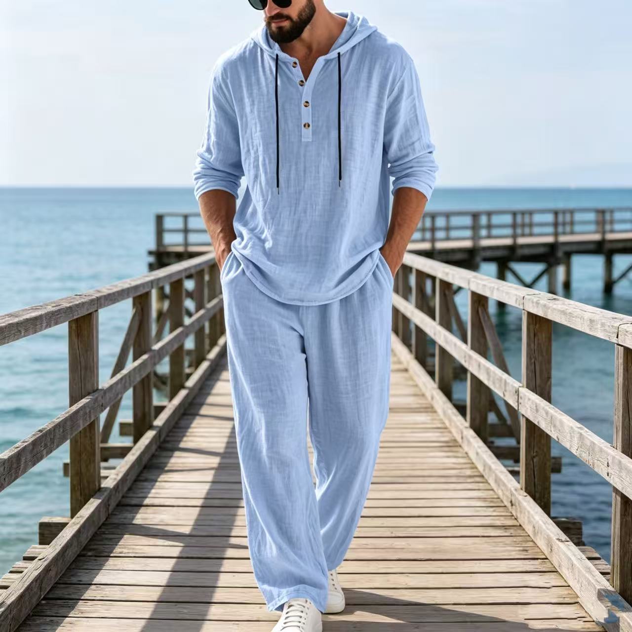 Mens Linen Shirt Long Sleeve - 2026年クロスボーダー春秋リネンメンズカジュアルスーツアマゾンルーズフード付きヘンリーシャツ長袖パンツスーツ