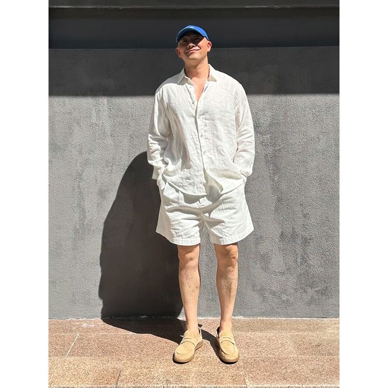 Mens Linen Shirt Long Sleeve - ライトラグジュアリーメンズリネン日焼け止めシャツ＆スポーツショーツセット夏用薄手長袖カジュアルウェア（若い男性向け）
