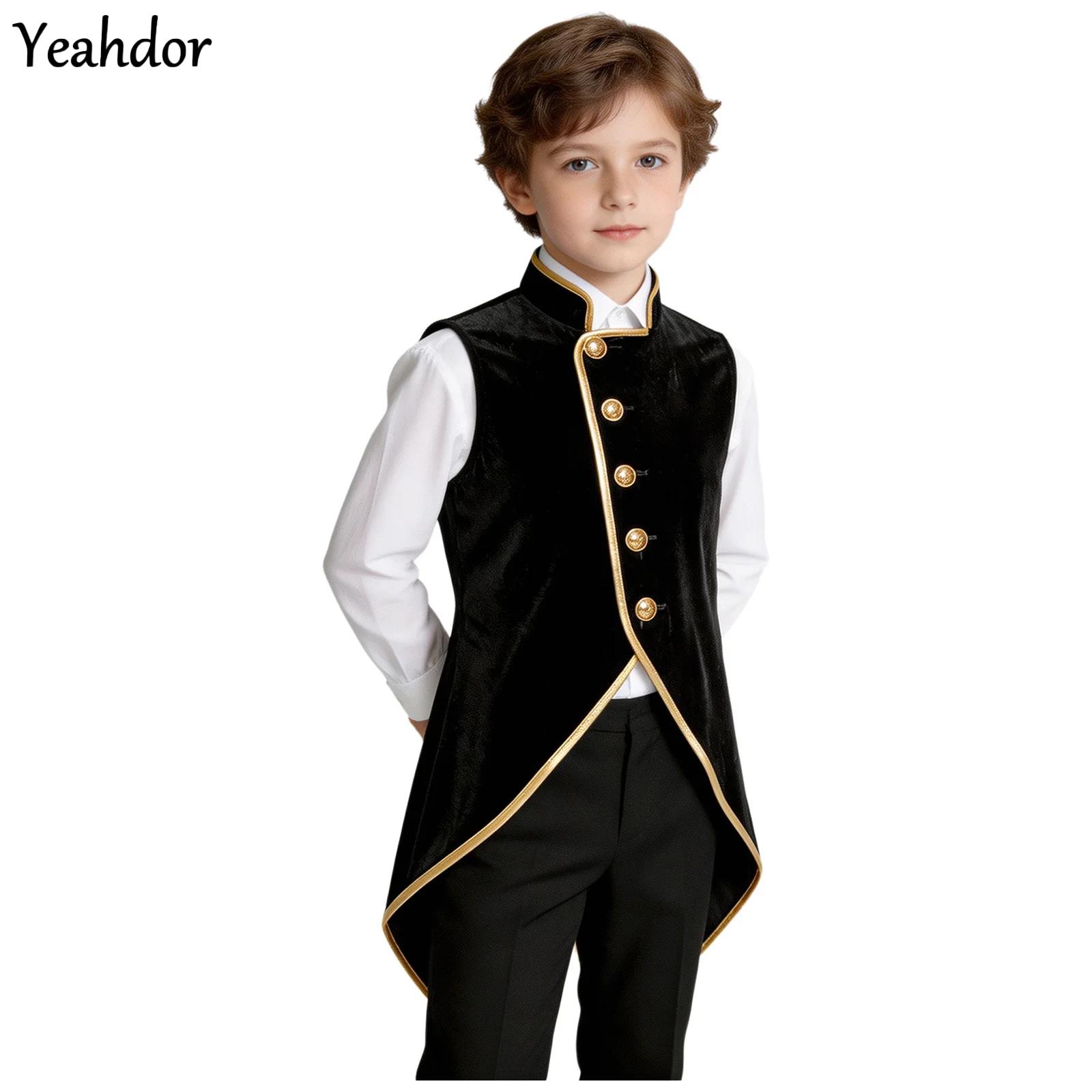 Jackets - 男の子用レトロ中世ルネサンススチームパンクゴシックベルベットテールコートジャケットメタリックトリムビクトリア朝ベストカーニバルハロウィンコスチューム