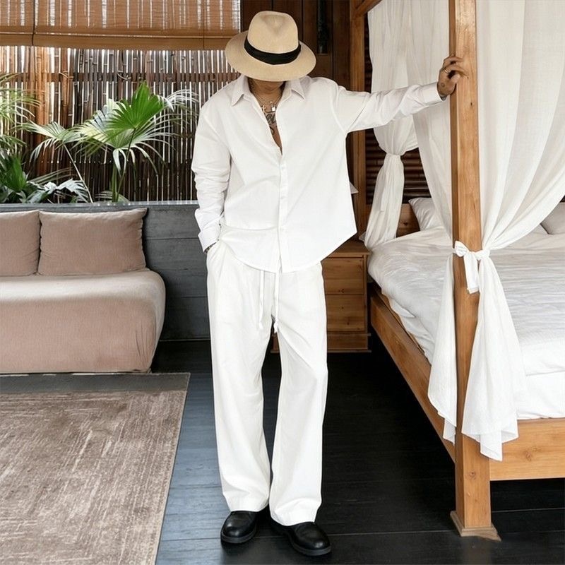 Mens Linen Shirt Long Sleeve - タグキタの夏用、若い男性向け、ホワイトリネンセット、ルーズフィット、長袖シャツ、薄手で通気性のある高級カジュアルスポーツウェア