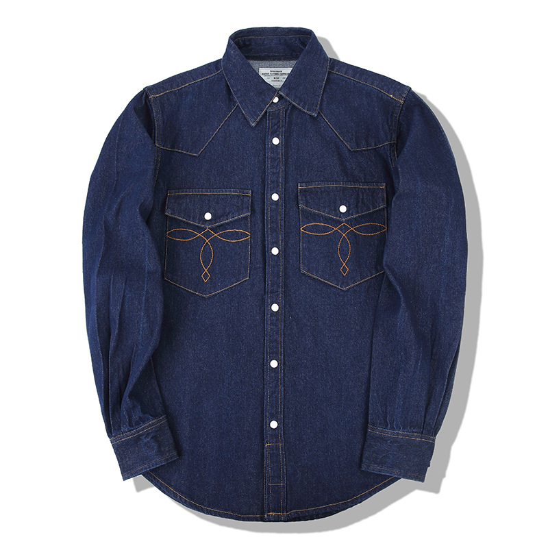 Mens Western Denim Pearl Snap Shirt - アメリカンウォッシュヴィンテージデニムシャツ パールスナップ ウェスタン ヘビーウェイト 長袖シャツ クラシックカウボーイデニム