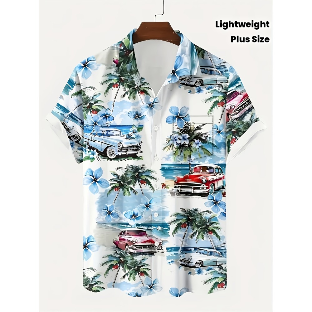 Vintage Hawaiian Floral Shirt - メンズヴィンテージクラシックカーパームツリープルメリアプリントハワイアンシャツ複数柄ルーズ軽量プラスサイズビーチトップス