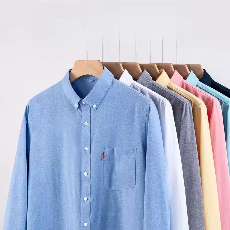 Oxford Cotton Casual Shirt Business - 100%純綿メンズビジネスシャツ無地長袖ユースカジュアルソーシャルドレスシャツレギュラーフィットソフトメンズ服5XL