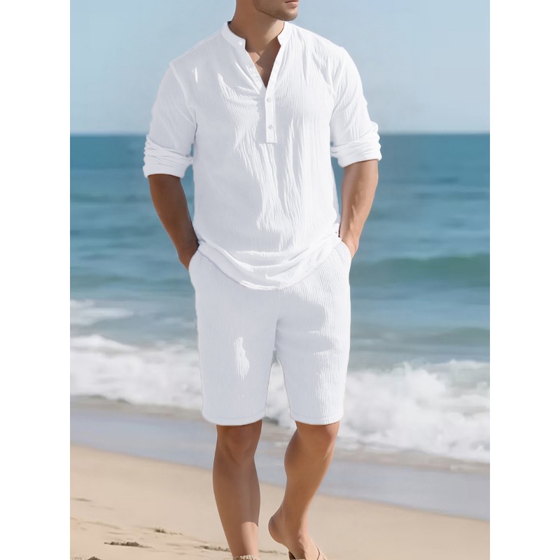 Mens Linen Shirt Long Sleeve - メンズ ホワイト リネンブレンド ツーピースセット ヘンリーネック長袖シャツ＆カジュアルショーツ ビーチウェア