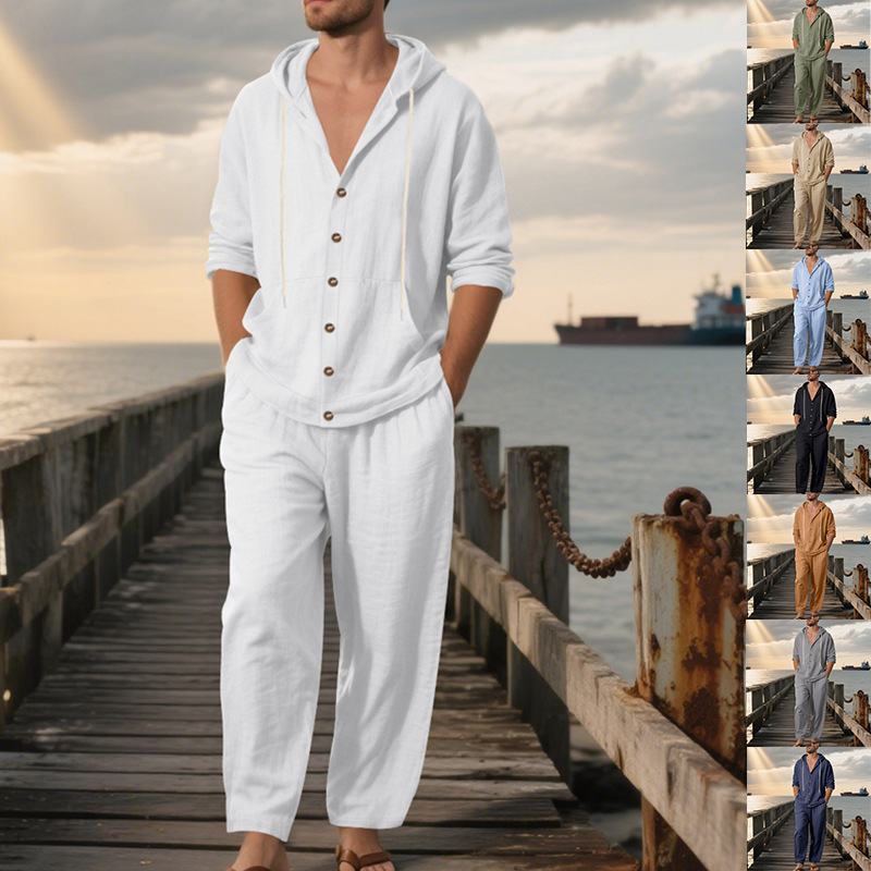 Mens Linen Shirt Long Sleeve - 夏のメンズアメリカンルーズリネンフード付き長袖シャツと長ズボン2ピースカジュアルスーツ通気性メンズリネンブレンドセット