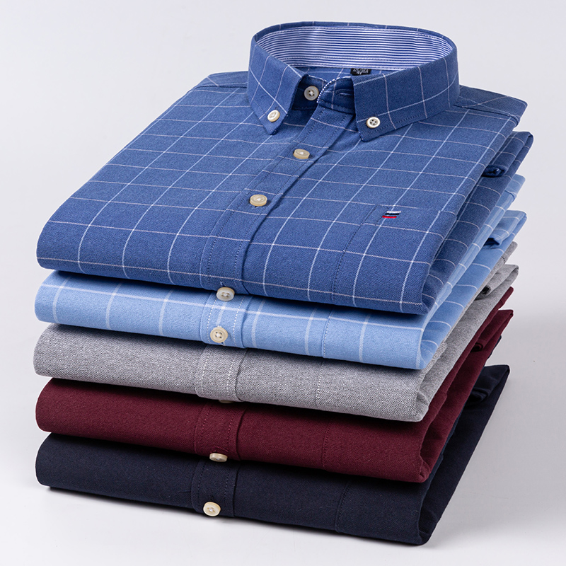 Oxford Cotton Casual Shirt Business - メンズカジュアルシャツ綿オックスフォードチェック柄ストリップ無地長袖ボタンアップレギュラーフィットビジネスドレスシャツ男性服