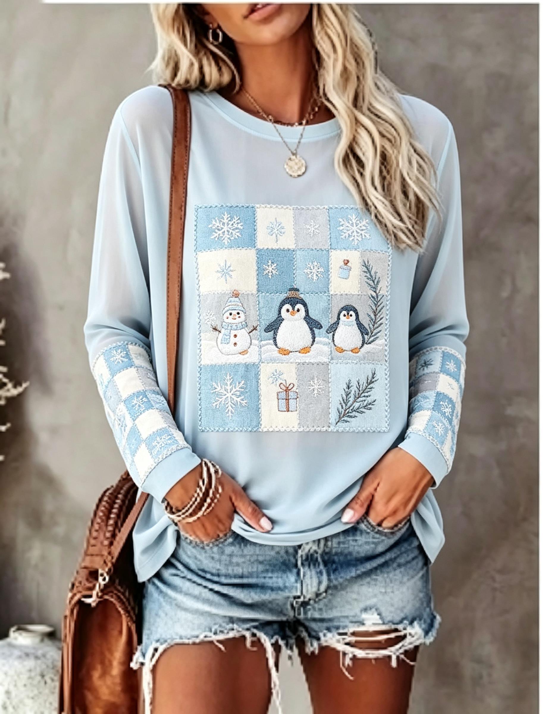 T-Shirts - レディース 長袖Tシャツ、フォックス、ウサギ、パッチワーク、格子柄、松ぼっくり、ベリー、雪の結晶プリント、クルーネック、カジュアル、秋のトップス