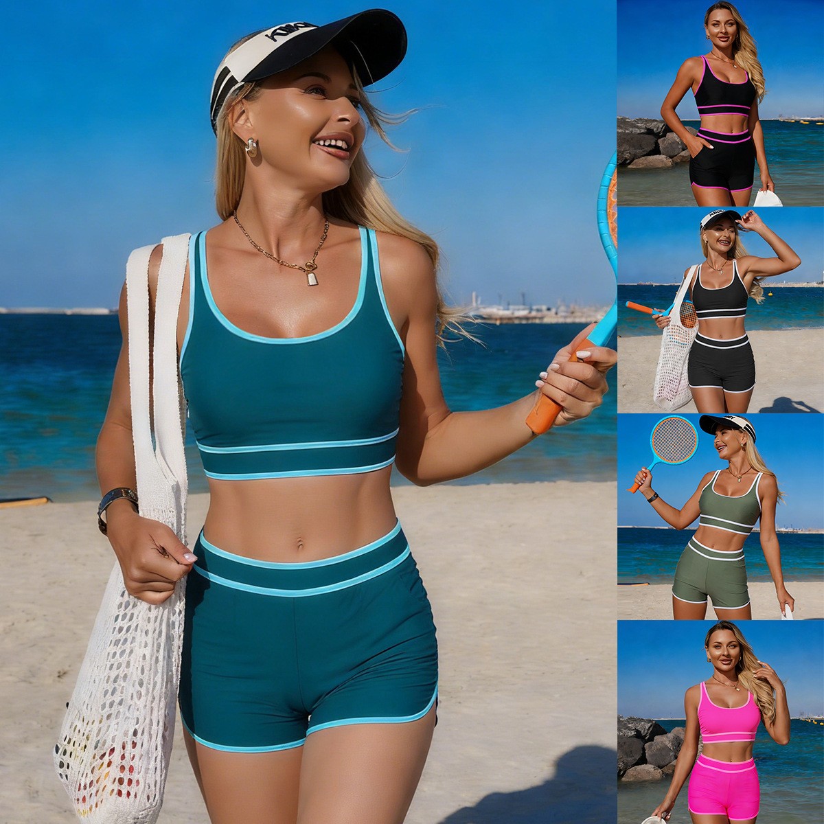 Shorts - オリーブグリーンのビキニ、ノースリーブのクロップトップ、ハイウエストショーツ、ティールのビキニ、無地のクロップドミニブラックのツーピース水着、ピンクの水着