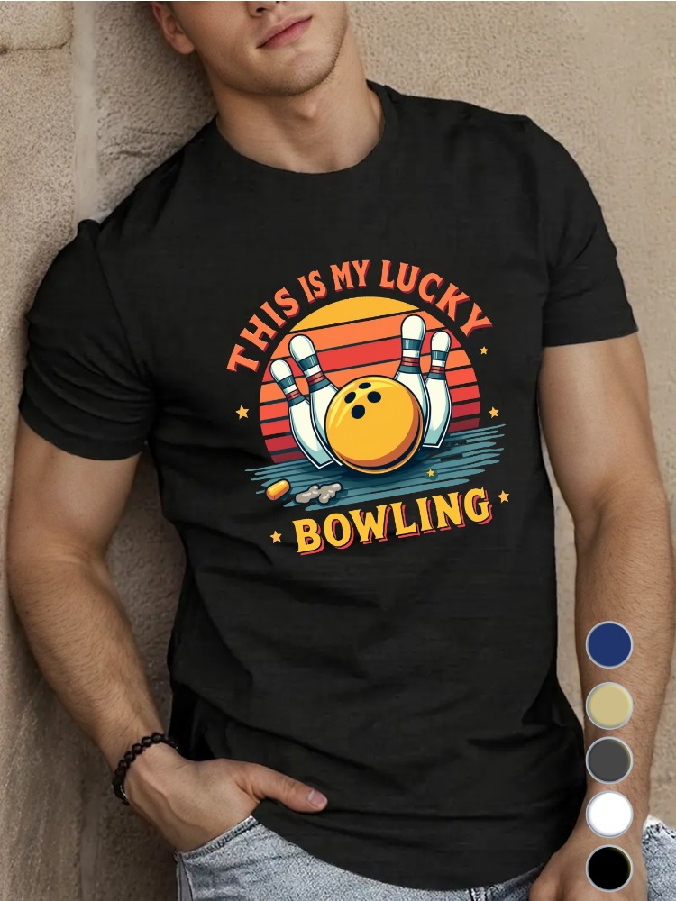 Short Sleeve Bowling Shirt Retro - ロイヤルブルー メンズ クルーネック コットン Tシャツ これは私の幸運のボウリング