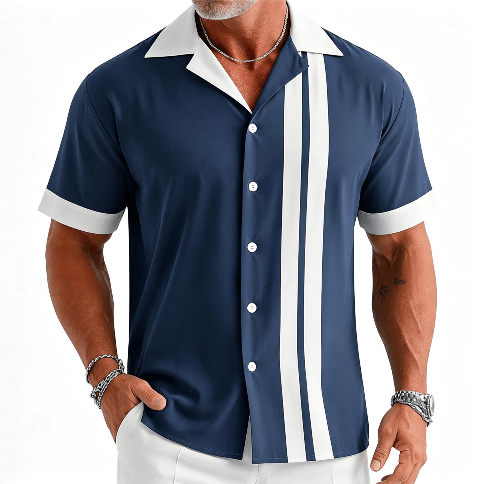 Short Sleeve Bowling Shirt Retro - メンズ ネイビーブルーと白のヴィンテージ ボウリングストライプ半袖シャツ、1950年代のレトロスタイル