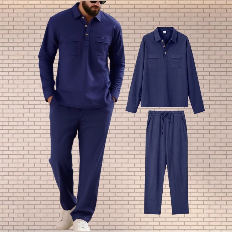 Mens Linen Shirt Long Sleeve - メンズリネン混紡ツーピースセット 長袖シャツとドローストリングパンツ カジュアルバケーションウェア