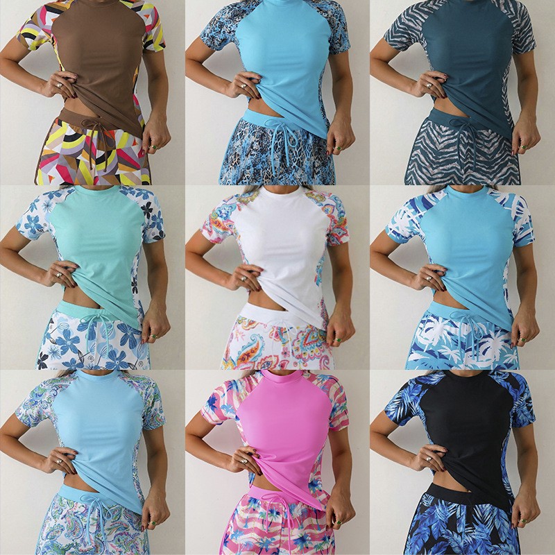 Shorts - 女性用タンキニ ショートパンツ付き クロップタンキニトップ 花柄プリント ツーピース水着 ハイウエストショーツ