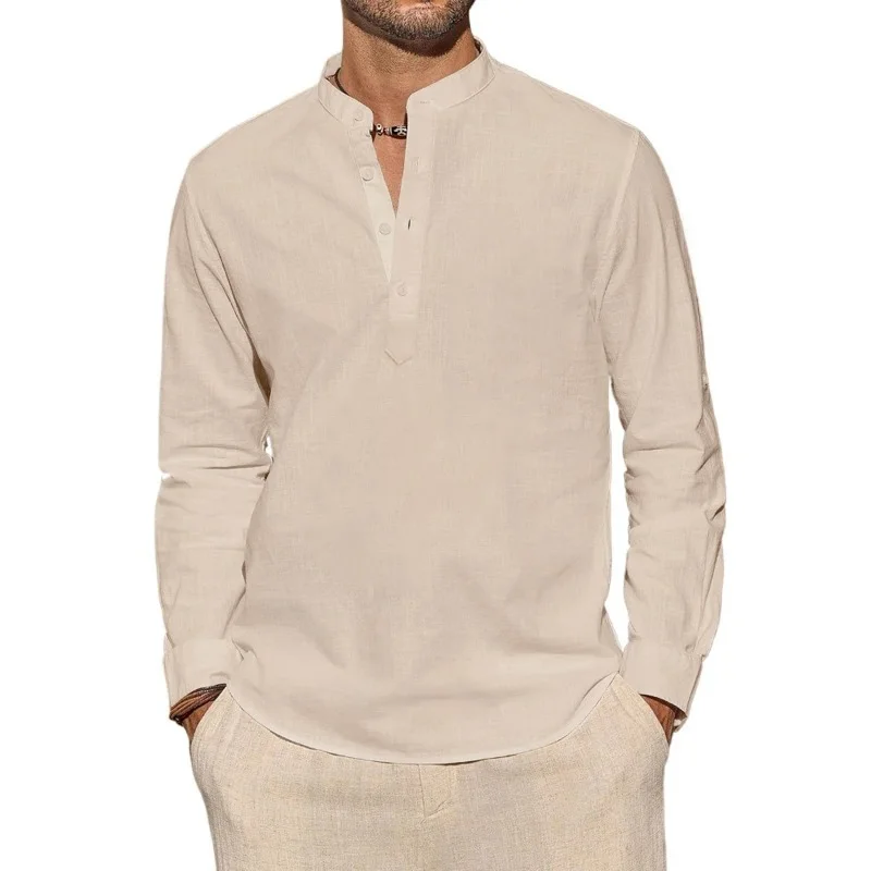Mens Linen Shirt Long Sleeve - メンズ長袖Tシャツ カジュアル 軽量 通気性 ヘンリーネック 無地