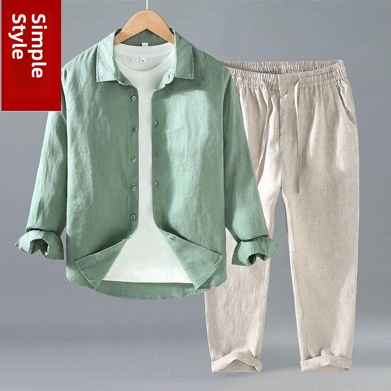 Mens Linen Shirt Long Sleeve - リネン素材のメンズカジュアル半袖シャツと長ズボンの2点セット、快適で通気性のある夏の服装、若い男性向け