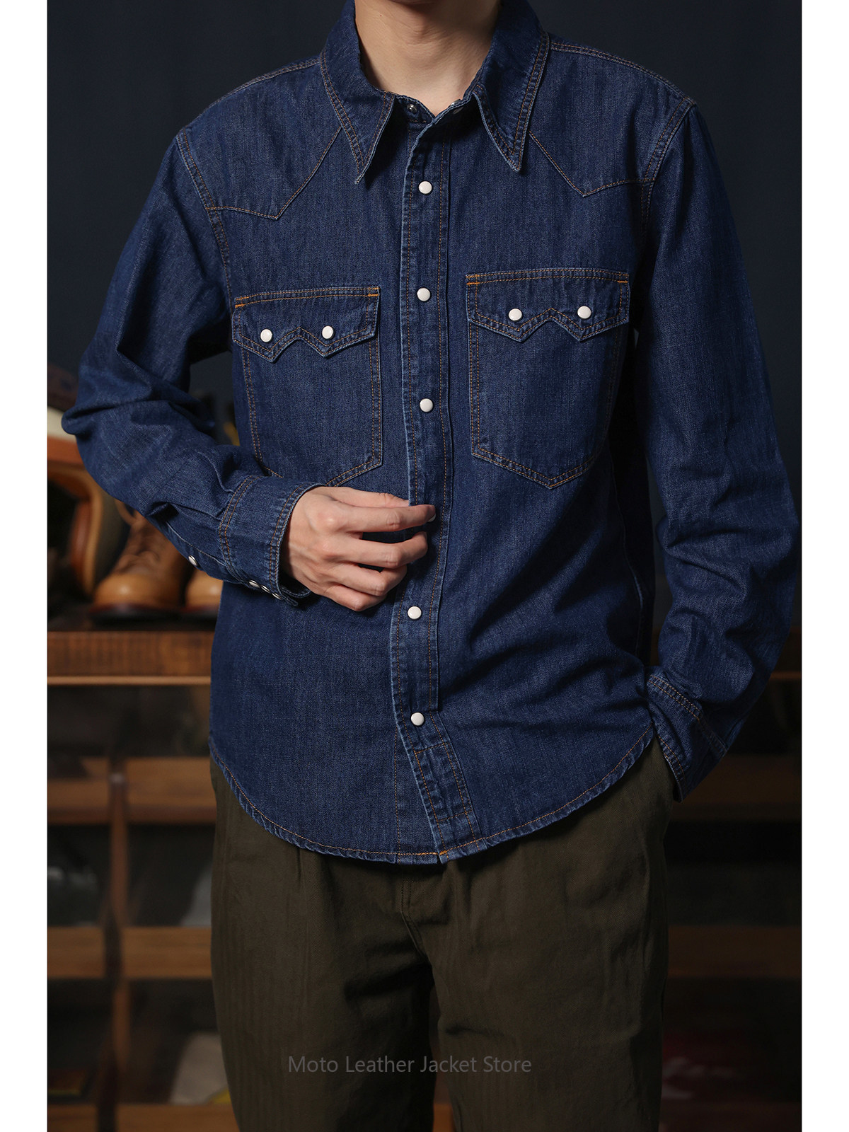 Mens Western Denim Pearl Snap Shirt - アメリカンレトロウエスタンデニムシャツ 生デニムウォッシュ加工カジュアルパールスナップボタンウエスタンシャツ