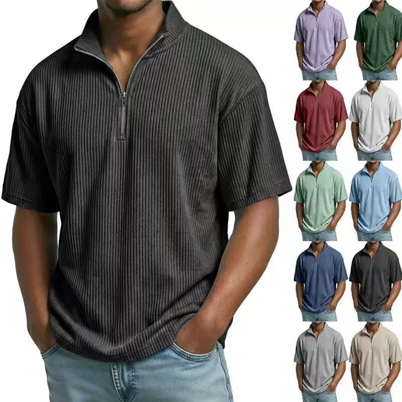 夏用コーデュロイスタンドカラーシャツ メンズ 無地 ルーズカ - Corduroy Button Up Shirt Men のレビューと価格