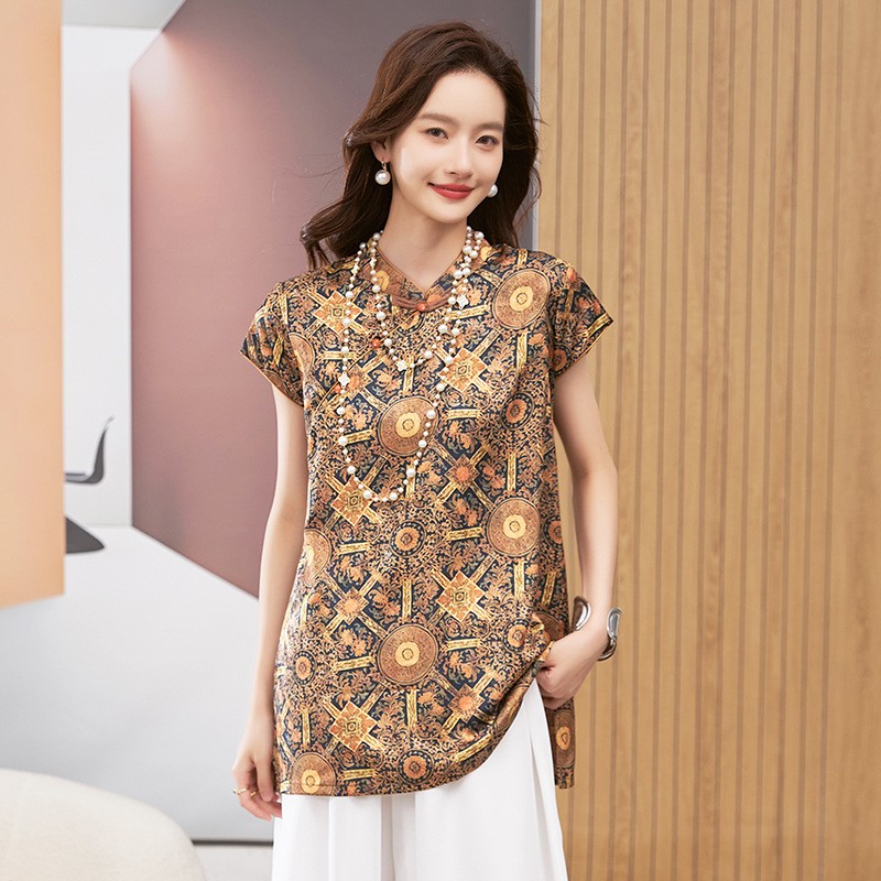女性用ブラウス半袖ラウンドネックトップマンダリンカラーチュニ - Shirts のレビューと価格