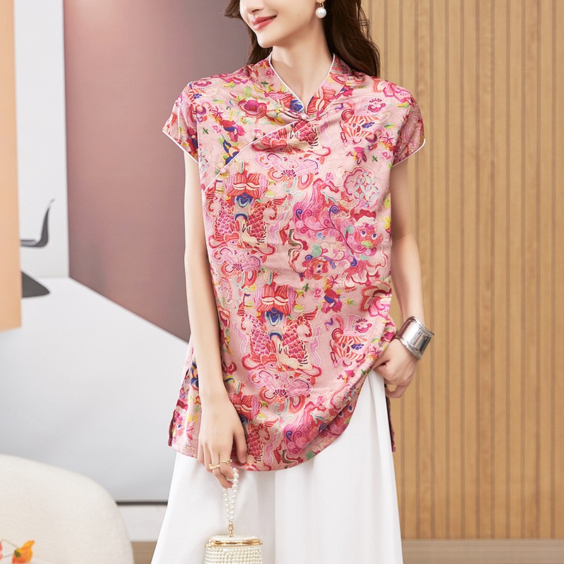 女性用ブラウス半袖ラウンドネックトップマンダリンカラーチュニ - Shirts のレビューと価格