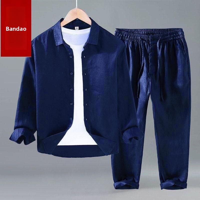 夏用綿麻シャツパンツセット 長袖ターンダウンカラー半袖長ズボ - Mens Linen Shirt Long Sleeve のレビューと価格