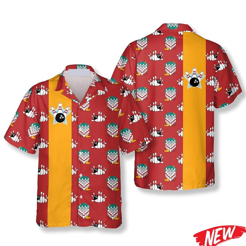 クラシックボウリングパターンハワイアンシャツ男性用夏ストリー - Short Sleeve Bowling Shirt Retro のレビューと価格