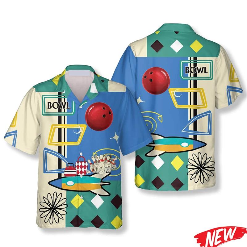 クラシックボウリングパターンハワイアンシャツ男性用夏ストリー - Short Sleeve Bowling Shirt Retro のレビューと価格