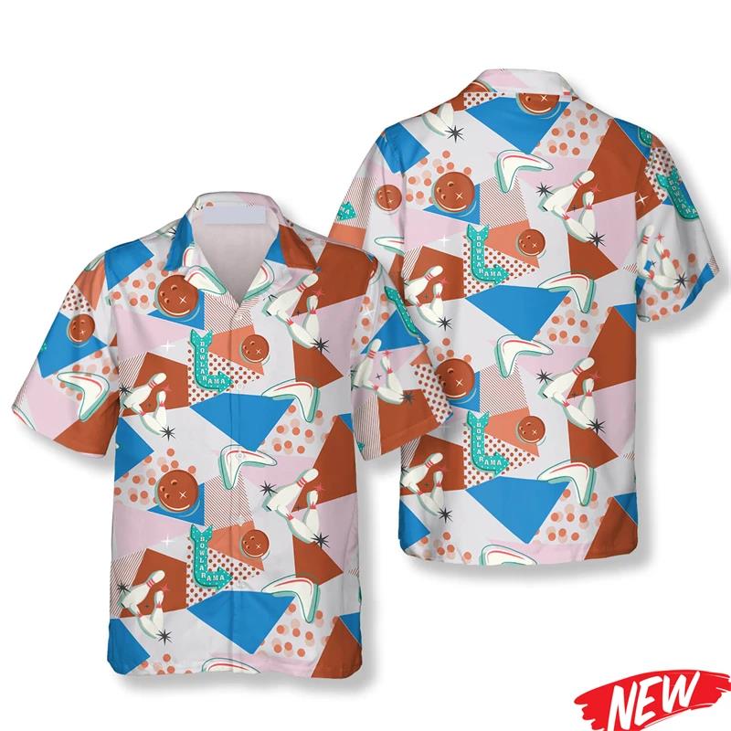 クラシックボウリングパターンハワイアンシャツ男性用夏ストリー - Short Sleeve Bowling Shirt Retro のレビューと価格