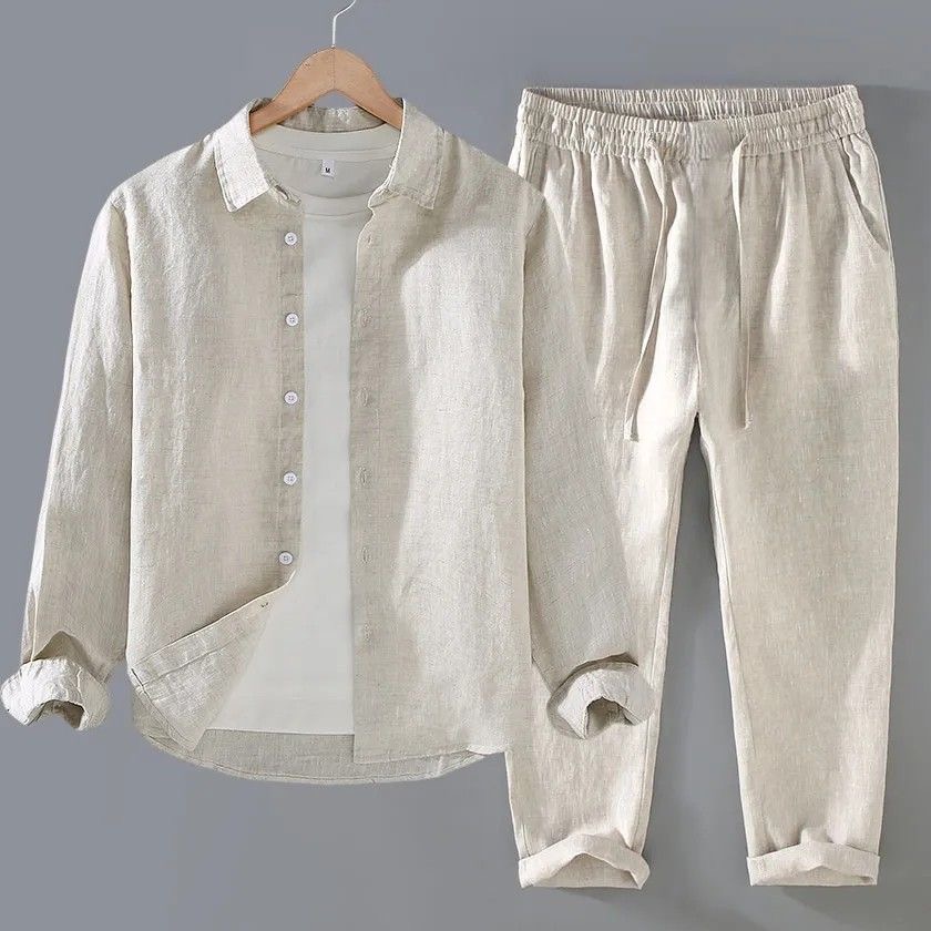 タグキタの夏用、若い男性向け、ホワイトリネンセット、ルーズフ - Mens Linen Shirt Long Sleeve のレビューと価格