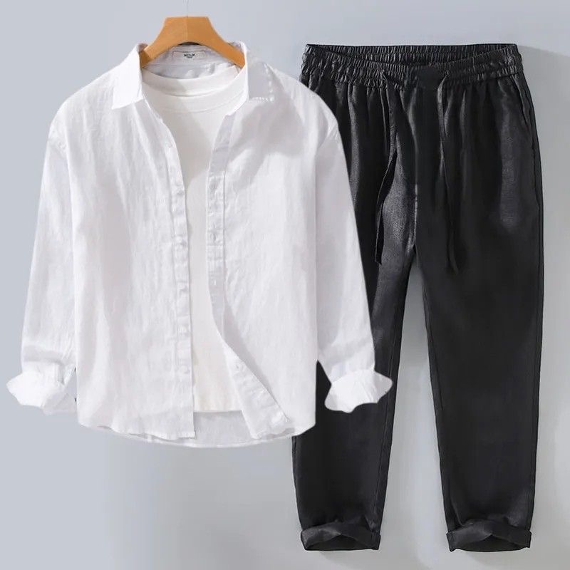 タグキタの夏用、若い男性向け、ホワイトリネンセット、ルーズフ - Mens Linen Shirt Long Sleeve のレビューと価格