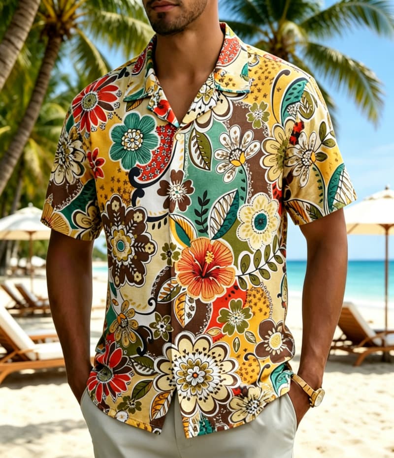 メンズヴィンテージボヘミアン風トロピカルフローラルプリントシ - Vintage Hawaiian Floral Shirt のレビューと価格
