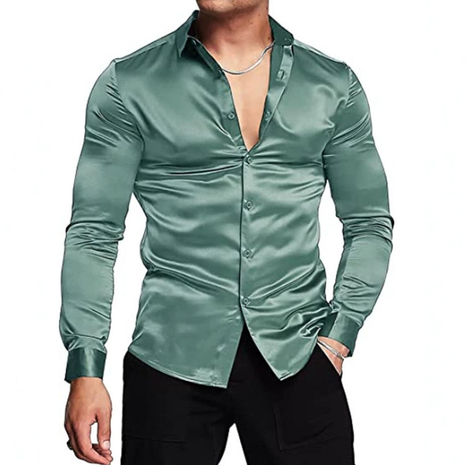 春秋シルクサテンシャツ高級ドレスシャツメンズスリム長袖ラペル - Mens Satin Silk Dress Shirt のレビューと価格