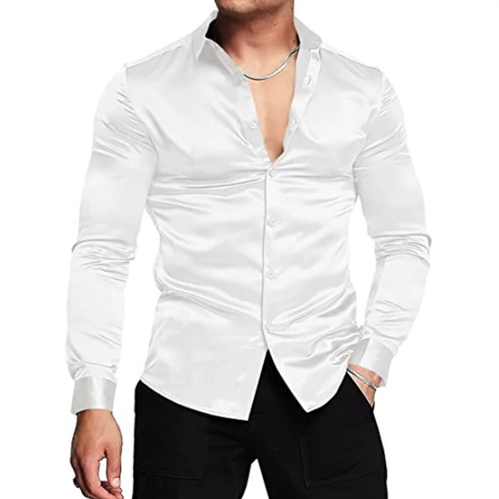 春秋シルクサテンシャツ高級ドレスシャツメンズスリム長袖ラペル - Mens Satin Silk Dress Shirt のレビューと価格