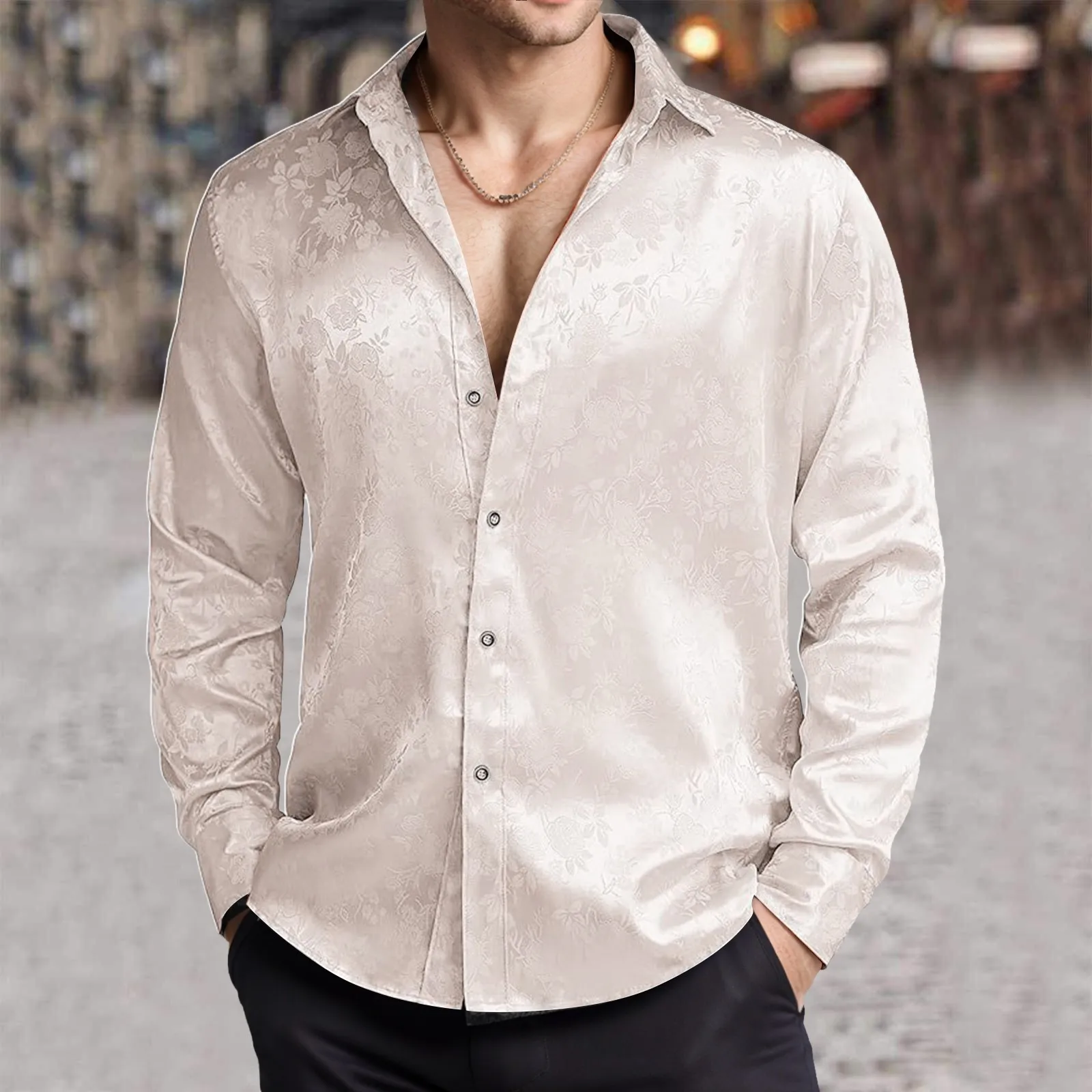メンズ模造シルクサテンドレスシャツジャカード長袖花ボタンアッ - Mens Satin Silk Dress Shirt のレビューと価格