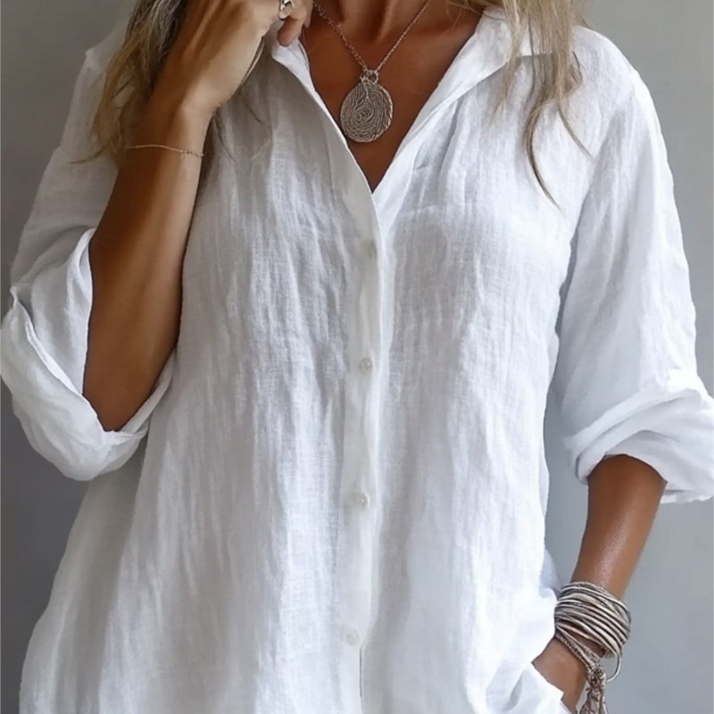 無地リネンセクシーな V ネックシングルブレスト長袖春秋婦人 - Mens Linen Shirt Long Sleeve のレビューと価格