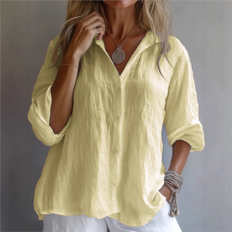無地リネンセクシーな V ネックシングルブレスト長袖春秋婦人 - Mens Linen Shirt Long Sleeve のレビューと価格