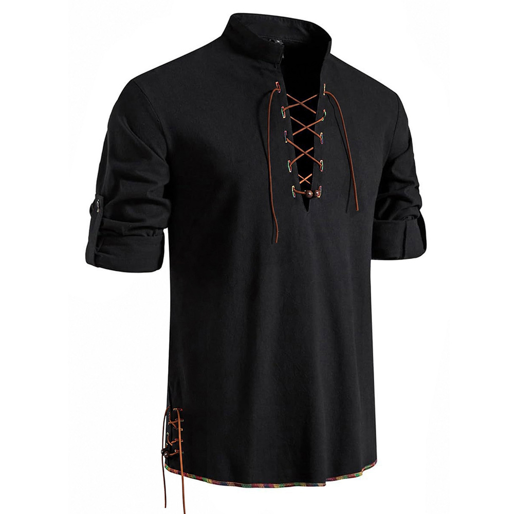 メンズ ヘンリーネック 中世風シャツ レトロ バイキング パ - Medieval Gothic Lace Up Pirate Shirt のレビューと価格