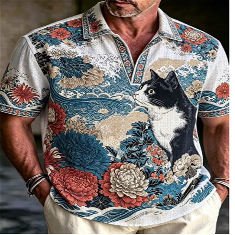 メンズ半袖ポロシャツ ヴィンテージ浮世絵猫花柄波模様プリント - Vintage Hawaiian Floral Shirt のレビューと価格