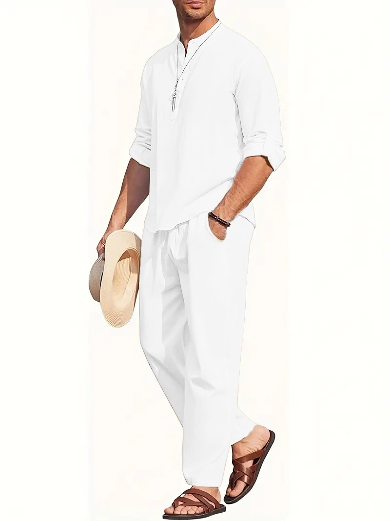 メンズ白リネンスーツセット 長袖ヘンリーシャツと伸縮性ウエス - Mens Linen Shirt Long Sleeve のレビューと価格