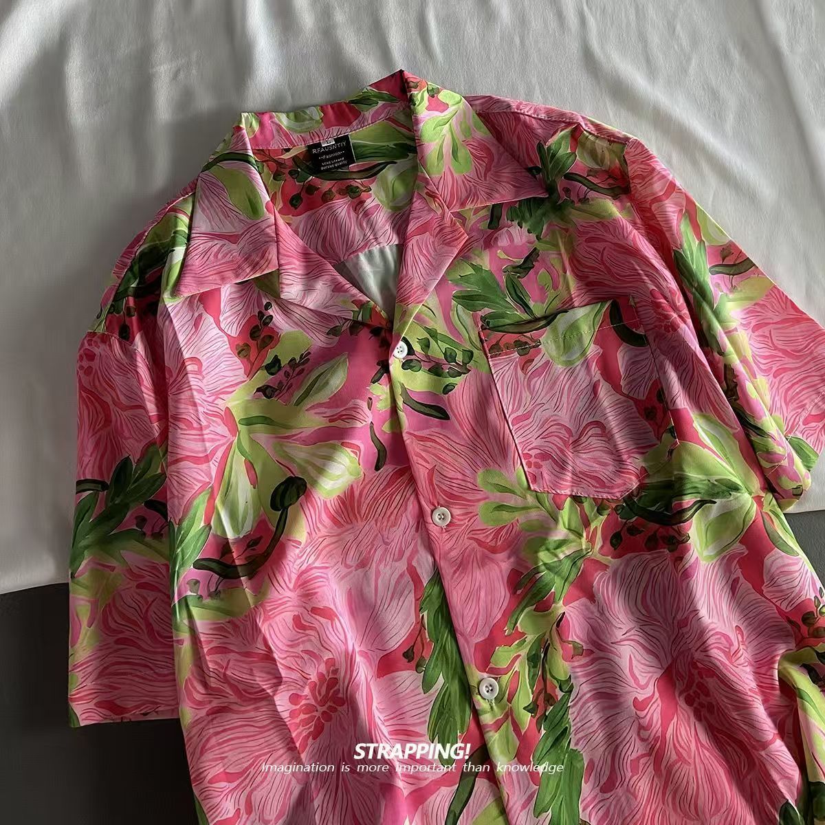 ピンク落書き花キューバ襟アロハシャツ女性と男性半袖ボタンアッ - Vintage Hawaiian Floral Shirt のレビューと価格
