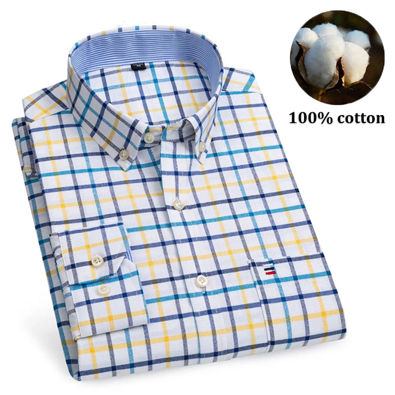 メンズ 100% コットンシャツ 長袖 ストライプ柄 チェッ - Oxford Cotton Casual Shirt Business のレビューと価格