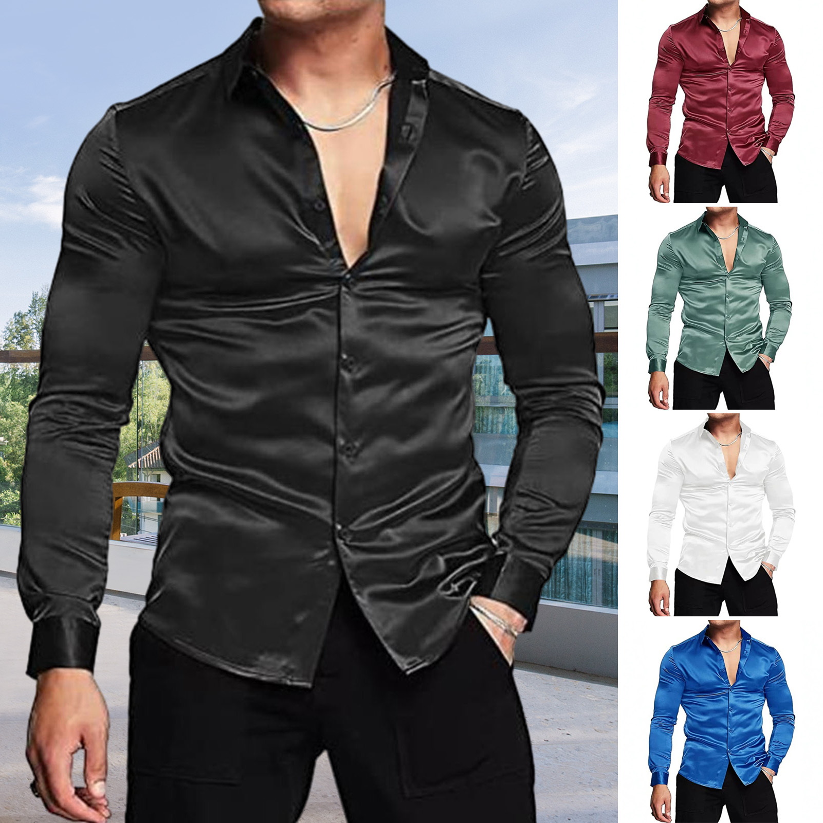 Tuxedo-メンズ長袖シャツ,ピンクシルク,サテン,ラグジ - Mens Satin Silk Dress Shirt のレビューと価格