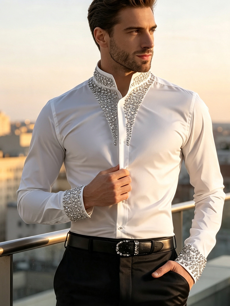 メンズカジュアルビジネスシャツ 高級ラインストーン シングル - Mandarin Collar Formal Shirt Slim Fit のレビューと価格