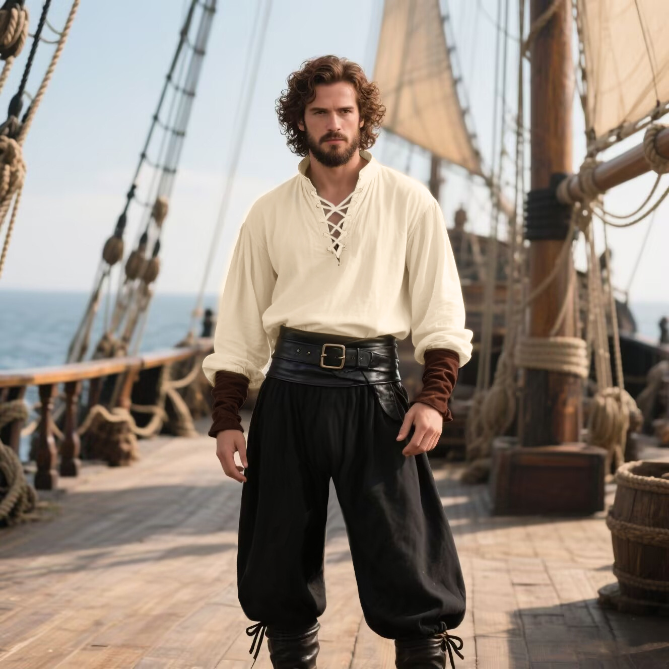 メンズ中世ルネッサンス LARP シャツ ベルト付き ハロウ - Medieval Gothic Lace Up Pirate Shirt のレビューと価格