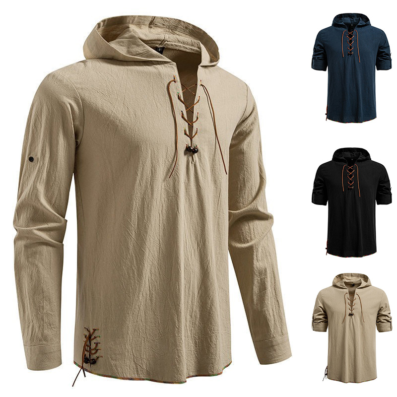 メンズ長袖フード付きTシャツ コットン製 中世海賊風 レース - Medieval Gothic Lace Up Pirate Shirt のレビューと価格