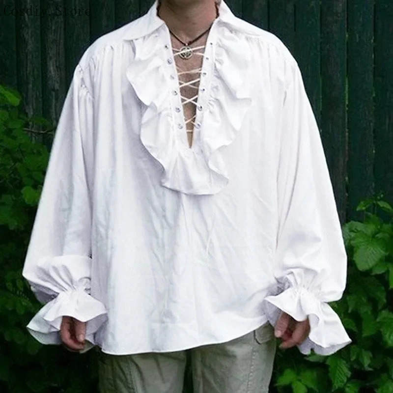 S-5XL 中世海賊ハロウィン吸血鬼コスチューム男性用フリル - Medieval Gothic Lace Up Pirate Shirt のレビューと価格