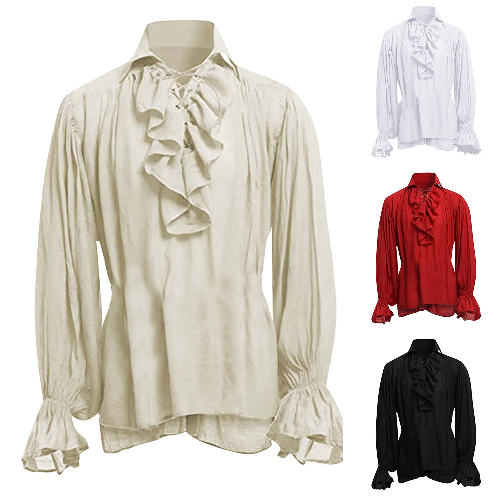 メンズハロウィンレースアップ海賊シャツ中世吸血鬼王子詩人シャ - Medieval Gothic Lace Up Pirate Shirt のレビューと価格