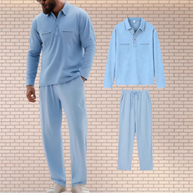 メンズリネン混紡ツーピースセット 長袖シャツとドローストリン - Mens Linen Shirt Long Sleeve のレビューと価格